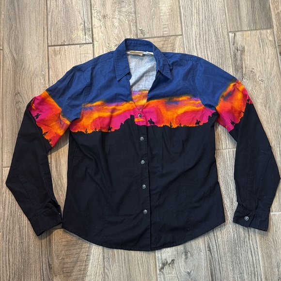Wrangler Western Sunset Cowboy Print Pearl Snap Shirt Vintage 70s 80s Large Rare - Picture 4 of 13